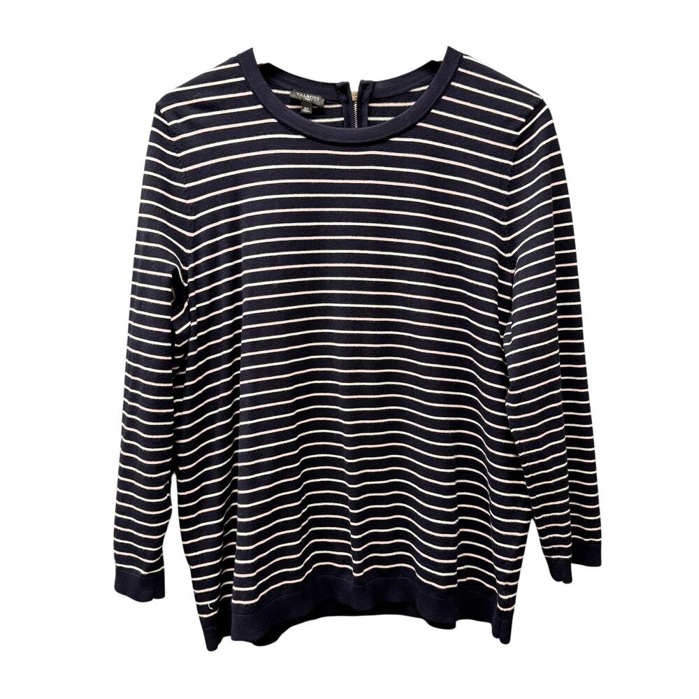 Talbots Sweater Womens 2X Blue White Pale Pink Stripe Coastal Knit 3/4 Sleeve